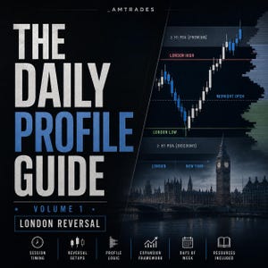 May include: A digital educational guide titled The Daily Profile Guide Volume 1 London Reversal by AMTRADES. The graphic features a financial candlestick chart, labels for London High, London Low, and Midnight Open, and an image of Big Ben.