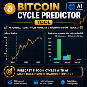 May include: A digital dashboard titled Bitcoin Cycle Predictor Tool with an AI Powered label. It displays a line graph of the halving timeline from 2015 to 2025 and a bar chart showing realized performance after each halving in blue and green.