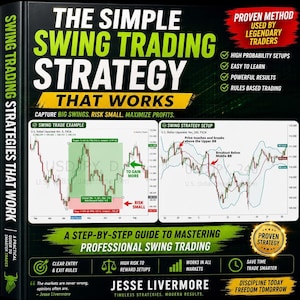 Op de afbeelding: Een boek getiteld The Simple Swing Trading Strategy That Works door Jesse Livermore. De zwarte kaft bevat witte en groene tekst, twee voorbeelden van financiële grafieken en opsommingstekens over beproefde methoden.