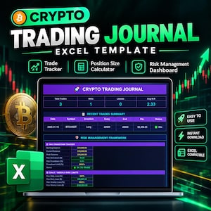 Modèle Excel de journal de trading crypto | Feuille de calcul de suivi des transactions Bitcoin | Calculateur de taille de position et tableau de bord de gestion des risques