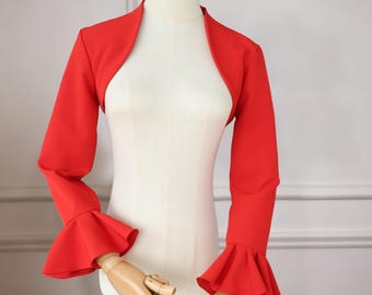 Red Stretchy Satin Evening Long Trumpet Sleeved Bolero Jacket Shrug Custom 55 Colors