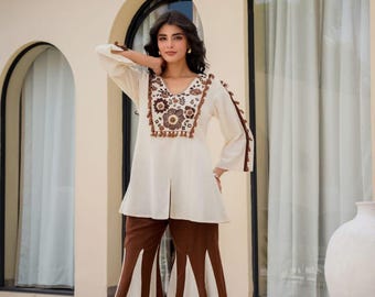 Boho Chic Linen Co-ord Set | Embroidered Tunic, Flared Pants, Ivory Brown Outfit