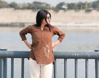 Hand-Embroidered Indian Cotton Set – Earthy Brown Kurti, Off-White Pants, Boho Loungewear