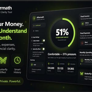 May include: A dark green and black graphic for a financial clarity tool called Aftermath. The interface displays financial data, including income, expenses, and a financial risk level of 51%. Text includes "See Your Money. Finally Understand Your Month."