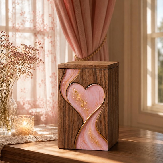 Handmade Wooden Urn – Pink Resin Heart Memorial Keepsake Box – Adult Ashes Urn