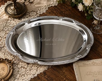 Personalized Stainless Steel Tray, Custom Engraved Serving Platter, Wedding Gift for Bride and Groom, Bridal Shower Plate, Keepsake Tray