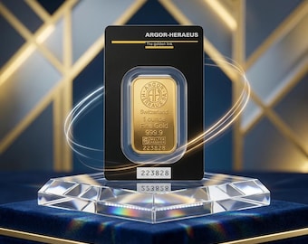 Lingote de oro suizo Argor-Heraeus de 1 onza, oro fino 999.9, certificado por Suiza, oro auténtico de grado de inversión en tarjeta de ensayo.