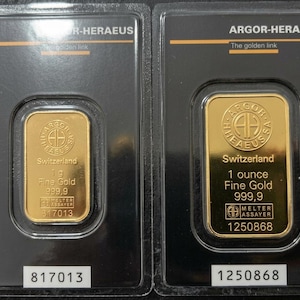 Argor-Heraeus Switzerland Gold Bars - 1g and 1oz Fine Gold 999.9 - In Original Assay Cards - Mint Condition