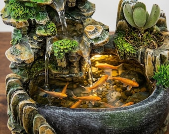 Feng Shui Wealth Waterfall Fountain Desktop Ornament, Office Tabletop Flowing Water Feature with Color Changing LED Lights, Lucky Home Decor