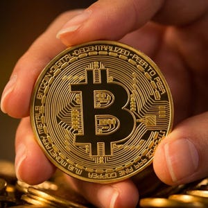 Könnte beinhalten: Eine kreisförmige, goldfarbene Bitcoin-Münze mit einem markanten B-Symbol in der Mitte. Der äußere Rand ist mit dem Text BITCOIN DIGITAL DECENTRALIZED PEER TO PEER und MJB MONETARY METALS 999 FINE COPPER sowie feinen Leiterplattenmustern versehen.