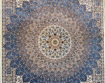 Pure Silk Area Rug: Ivory Blue Star Medallion Oriental Carpet