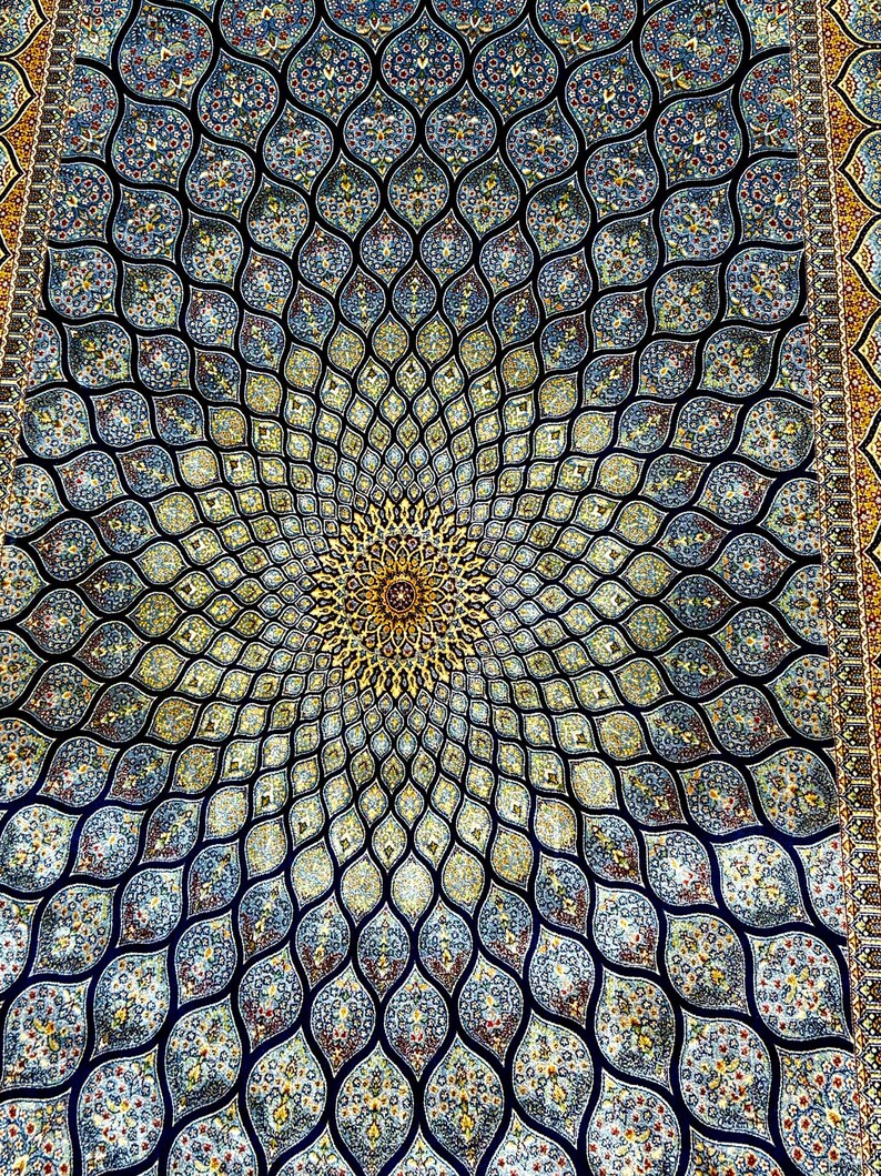 Pure Silk Area Rug: Hand-Finished Border, Sunburst Medallion, Steel Blue Geometric Floral imagen 4