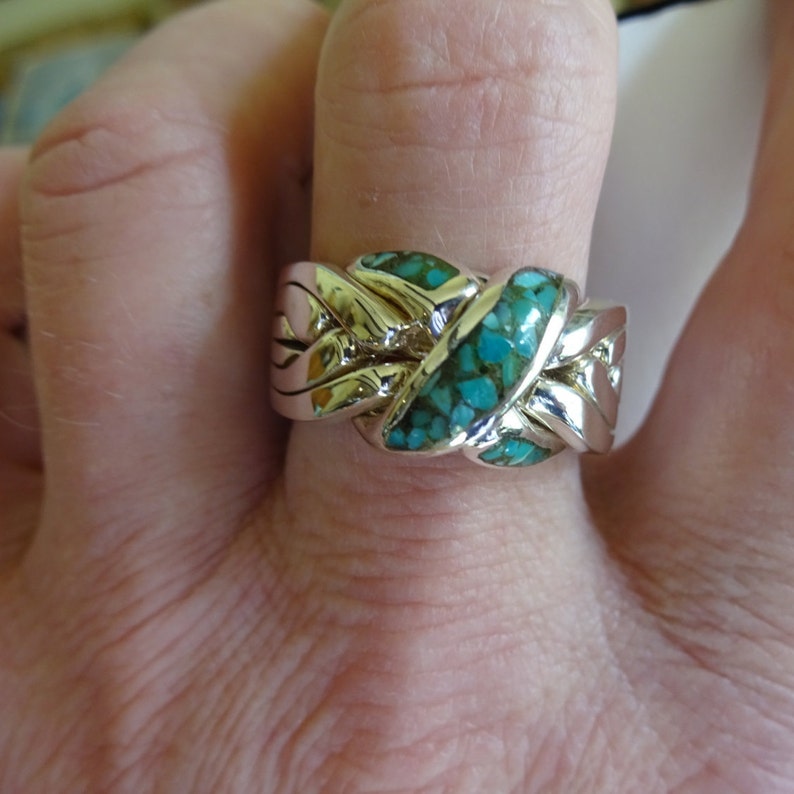 6 Band Puzzle Ring with Turquoise, free shipping in US. Ships immediately,, Sizes 11.5, 12, 12.25 Puzzle Rings, puzzle jewelry, puzzles image 1