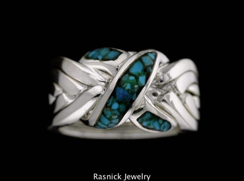 6 Band Puzzle Ring with Turquoise, free shipping in US. Ships immediately,, Sizes 11.5, 12, 12.25 Puzzle Rings, puzzle jewelry, puzzles image 4