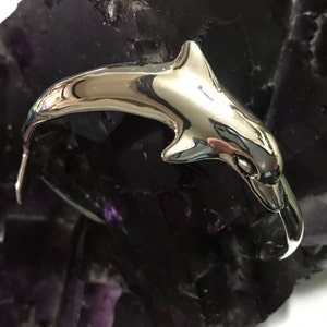 May include: A silver dolphin charm bracelet. The dolphin is depicted in a leaping pose with a smooth, polished finish.
