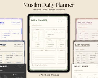 May include: A digital daily planner displayed on a tablet screen, featuring sections for Salah, Qur'an, Adhkar, wellness, and daily tasks. The text reads Musilm Daily Planner, Printable, iPad, Instant Download, and 7 Aesthetic Themes.