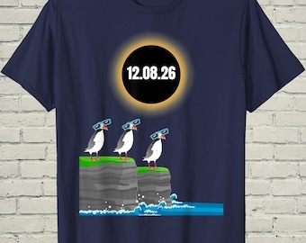 2026 Eclipse Shirt, Iceland Puffin Tee, August 12 Totality Souvenir, Funny Solar Sunglasses Gift for Astronomy Bird Lover