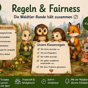 May include: A classroom poster titled Regeln & Fairness featuring a rabbit, owl, hedgehog, fox, and mouse. The poster lists classroom rules in German, including Wir hören einander zu and Wir sind freundlich, alongside a checklist of materials like Vorlesegeschichte and 4 Arbeitsblätter.