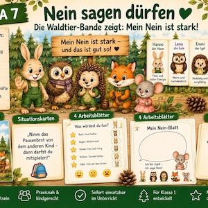 Könnte beinhalten: Ein pädagogisches Plakat mit dem Titel Thema 7 Nein sagen dürfen, das Zeichentrick-Waldtiere wie einen Hasen, eine Eule, einen Igel, einen Fuchs und eine Maus zeigt. Es enthält Text, Listen mit Unterrichtsmaterialien, Arbeitsblätter und Karten.