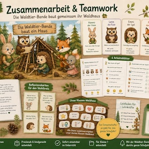 May include: A classroom teaching kit titled Thema 1 Zusammenarbeit & Teamwork featuring illustrated forest animals building a house. Includes a storybook, reflection cards, four worksheets, a teacher guide, and a portfolio sheet with green accents.