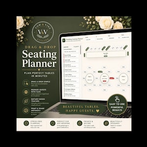 Può includere: Un laptop mostra un'interfaccia di pianificazione dei posti a sedere per matrimoni. Il software presenta una funzione drag-and-drop per la disposizione dei tavoli. Il testo include "Seating Planner", "Beautiful Tables, Happy Guests" e "Easy to Use Powerful Results."