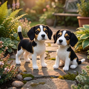May include: Two handmade crochet beagle dog figurines featuring black, white, and tan yarn. One beagle stands with its tail upright, while the other sits. Both have dark eyes, black noses, and floppy ears, crafted with visible yarn stitches.