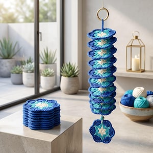 May include: A vertical hanging mobile and a stack of circular crochet coasters, both featuring a floral pattern in shades of blue, turquoise, and white. The mobile is suspended from a gold ring, and the coasters are stacked on a concrete surface.