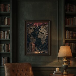 May include: A framed wall art print featuring a dark, celestial-themed world map with gold outlines. The artwork depicts a stack of antique books, a compass, and a quill pen at the base, set against a deep navy background with glowing stars.