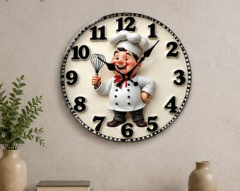 Happy Chef Kitchen Wooden Round Silent Wall Clock 10 Inch