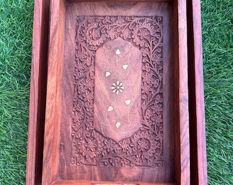 Rosewood Serving Trays Set of 2 | Brass Inlay, Rustic Farmhouse Decor | (15 * 10) inch large and small (12 * 8) inch