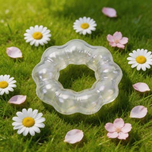 May include: A clear, ring-shaped object with a bubbly texture, surrounded by daisies and pink flower petals on a bed of green grass. The object has a translucent appearance, reflecting light.