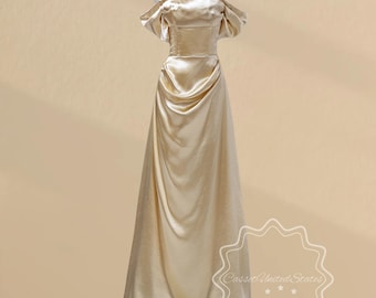 Vestido de noche de satén dorado con hombros descubiertos, elegante vestido formal brillante para invitadas de boda y galas de etiqueta.