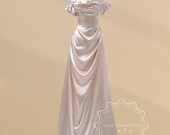 Vestido elegante cor champanhe, vestido de noite evasê em cetim com ombros à mostra, vestido longo drapeado, vestido de noivado com saia franzida.