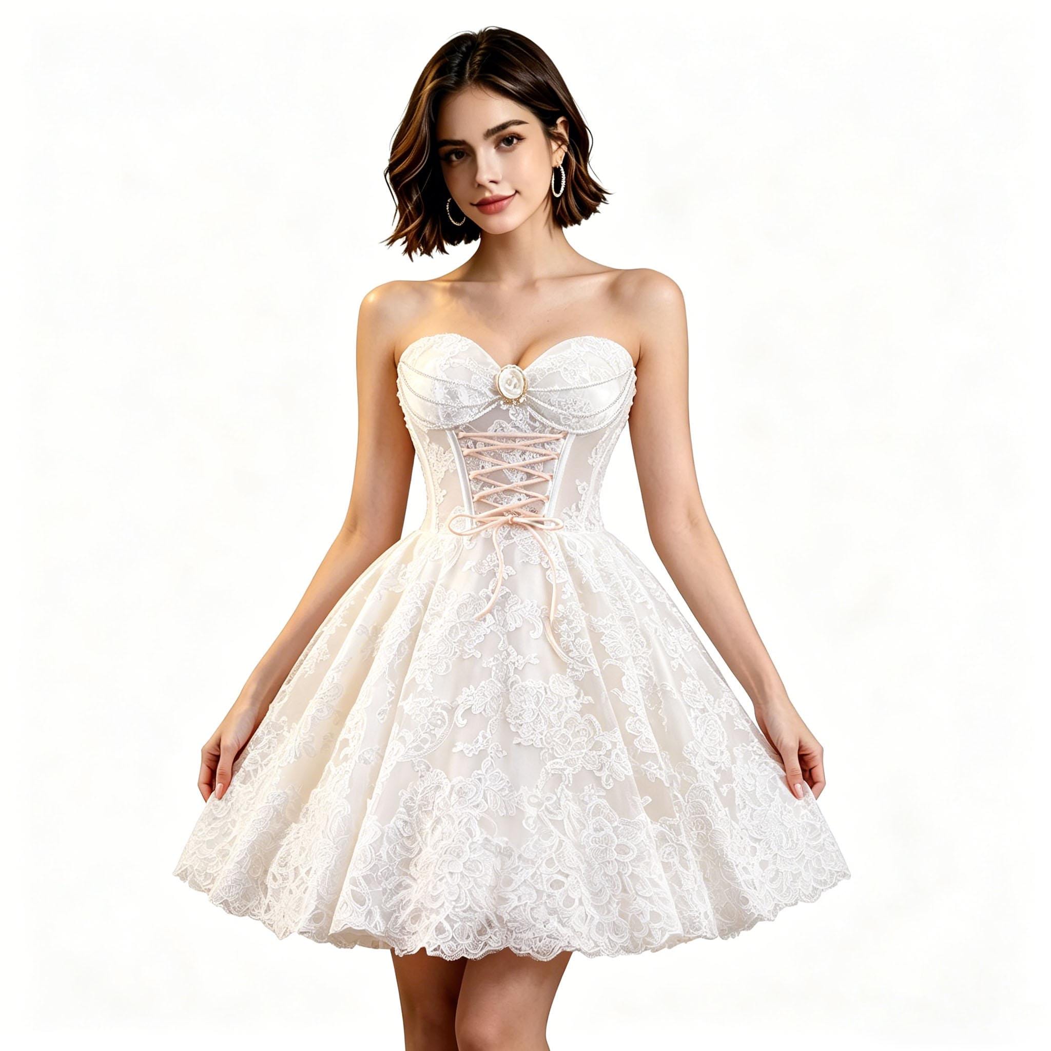 bridal shower dresses spring Tea Length Wedding Dress Off the Shoulder Bodycon Lace-Up Corset Reception Dress COCOMELODY CW3402, 20 Days / Ivory / US0-UK2-EUR30