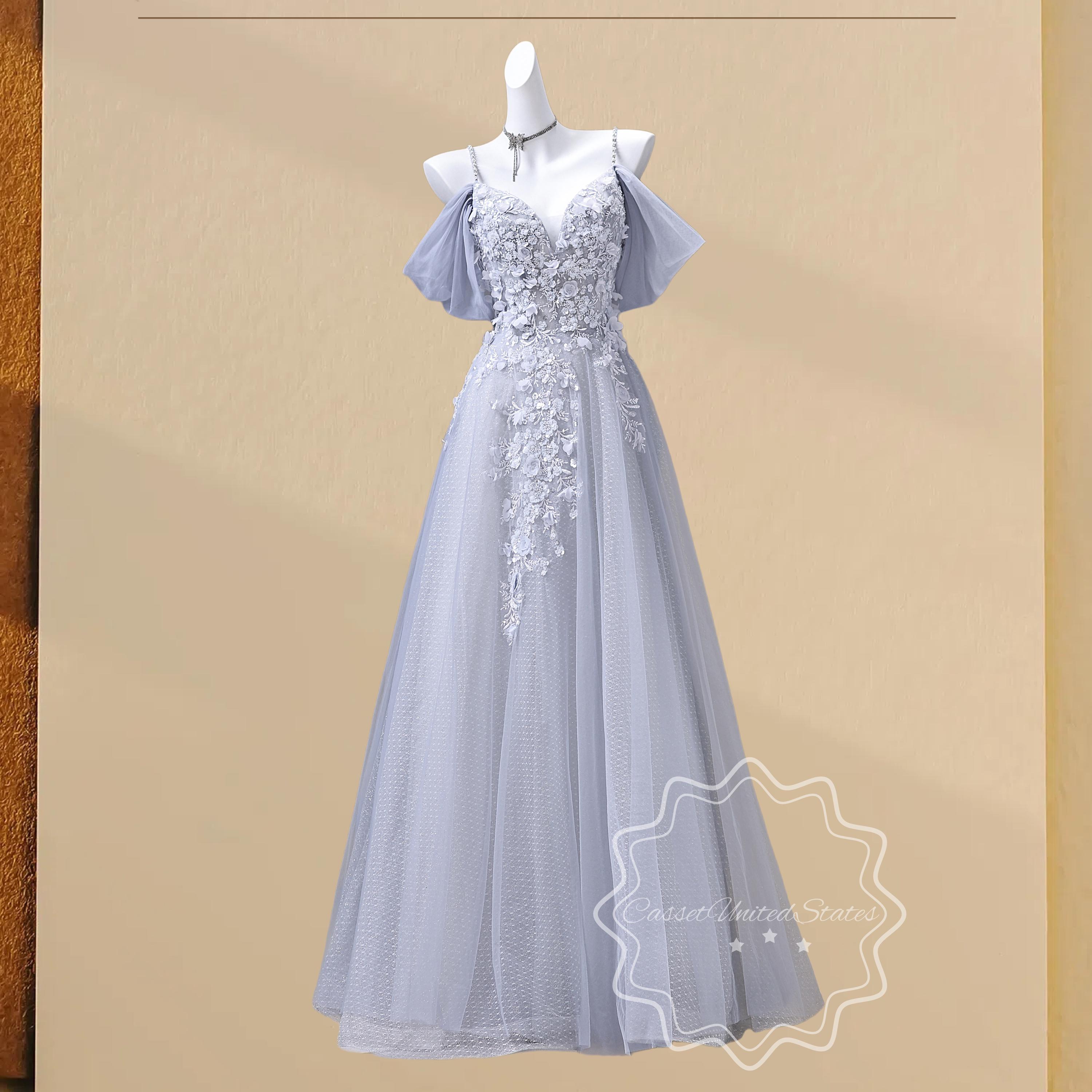 blue and grey wedding dress ZAPAKA Women Queen Anne Dusty Blue Mother of the Bride Dress Lace Appliqued A Line Long Sleeves Wedding Guest Dress, Grey Blue / US10