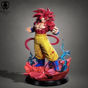 May include: A detailed figurine of a character with spiky red hair, wearing a red and yellow outfit with blue boots. The figure is posed on a red rocky base with blue lightning accents. The Mythorya Studio logo is visible.