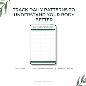 Puede incluir: Un rastreador digital con el texto "Rastrea los patrones diarios para comprender mejor tu cuerpo". El rastreador está etiquetado como "Daily Flare Pattern Tracker" e incluye secciones para la ingesta de alimentos, el estado de ánimo, la energía y los síntomas.