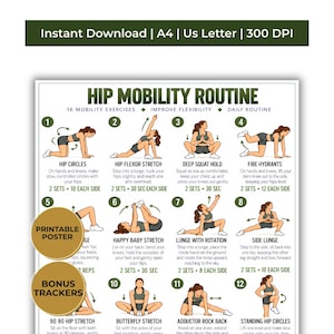 May include: A printable poster titled HIP MOBILITY ROUTINE featuring 16 numbered illustrations of individuals performing various stretching and mobility exercises. The chart includes text instructions for each movement, such as hip circles, lunges, and squats.