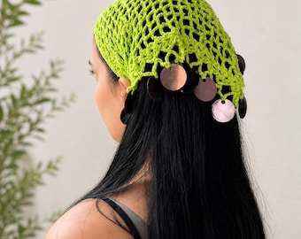 Bandana all'uncinetto, foulard per capelli in pizzo stile boho, copricapo estivo fatto a mano, accessorio per capelli da festival, regalo per lei