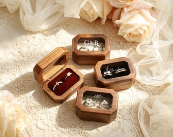 Caja para anillos de madera personalizada, caja para anillos de boda de nogal personalizada, caja doble para anillos grabada, soporte para anillos de pedida de mano