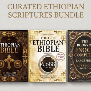 Op de afbeelding: Een samengestelde bundel Ethiopische geschriften. De afbeelding toont drie boeken met sierlijke covers. Het eerste boek heet "Ethiopian Bible" met een kruisontwerp. Het tweede boek is "The True Ethiopian Bible". Het derde boek is "The Books of Enoch Complete".