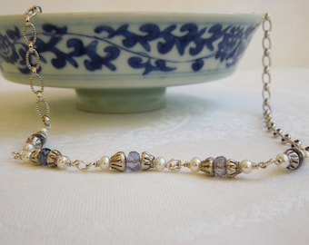 Blue Gemstone Necklace: Iolite, Pearls, Hill Tribe Silver