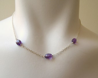 Modern Gemstone Necklace: AAA Amethysts- Textured Sterling Silver Chain- Purple Gemstone- February Birthstone- Layered Necklace