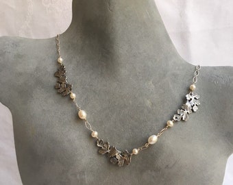 Sterling Silver Oak Leaf Necklace- Bridal Necklace- Pearls