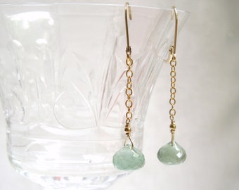 Green and Gold Earrings: Moss Aquamarines- 14K Gold Filled Chain