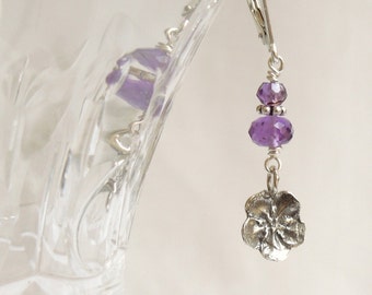 Amethyst Flower Dangle Earrings: Amethysts- Sterling Silver Forget Me Not Flowers- Bali Sterling Silver- Februaruy Birthstone- Sixth Chakra