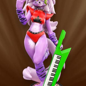 May include: A purple anthropomorphic wolf figurine with long white hair and a green streak, wearing a red crop top and matching bottoms with black studded accents. The figure holds a bright green keytar and stands on a circular base.
