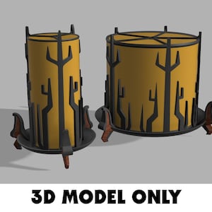May include: Two cylindrical lamps with a yellow shade and black tree-like cutouts. The lamps sit on a black base with brown accents and legs. The text "3D MODEL ONLY" is at the bottom.