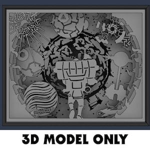 May include: A grayscale 3D model art piece with a black frame. The artwork features a central figure surrounded by celestial and mechanical elements. The text "3D MODEL ONLY" is at the bottom.