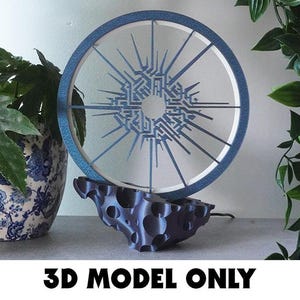 May include: A blue and white circular lamp with a geometric design. The lamp has a dark blue base and a blue rim. The text "3D MODEL ONLY" is at the bottom of the image.